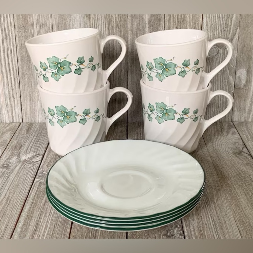 CALLAWAY SWIRL IVY  by Corning Corelle Coffee Tea Cups Mugs and saucer 8 pcs